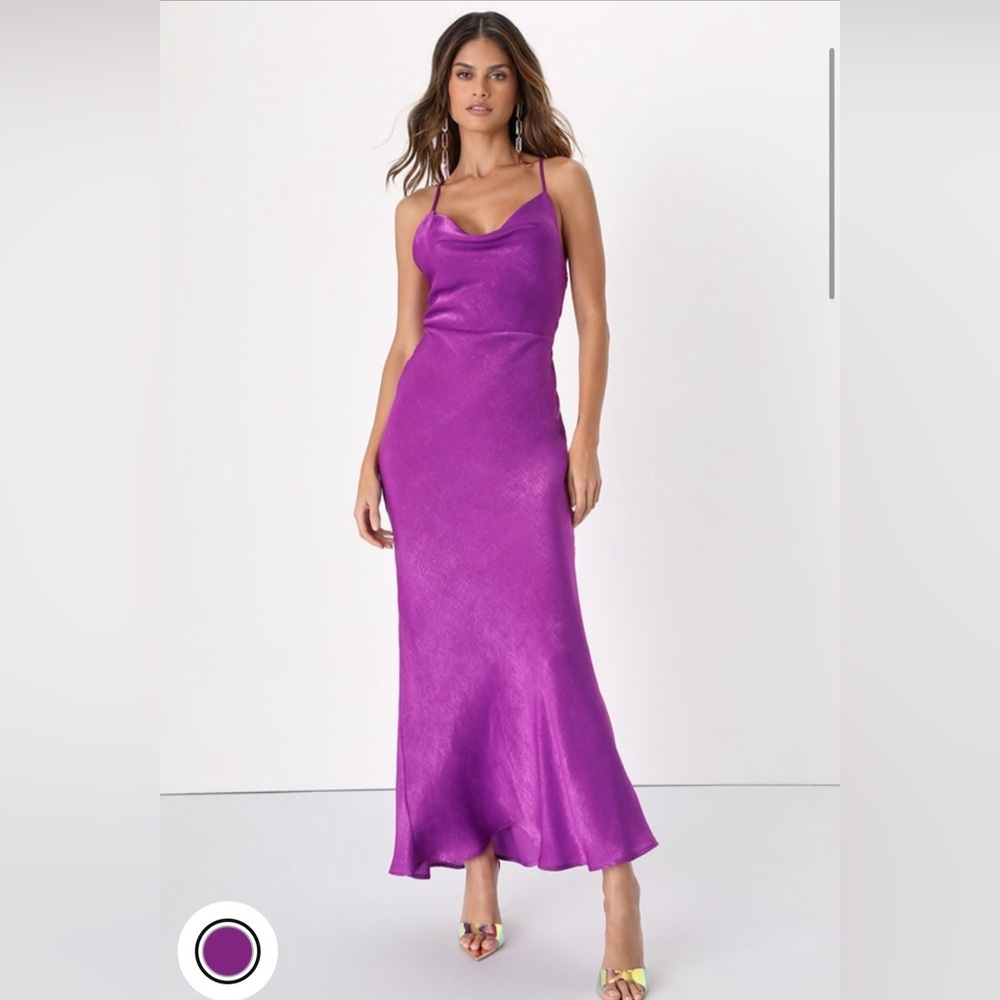 Exquisite Evening Purple Satin Cowl
Neck Maxi Dress